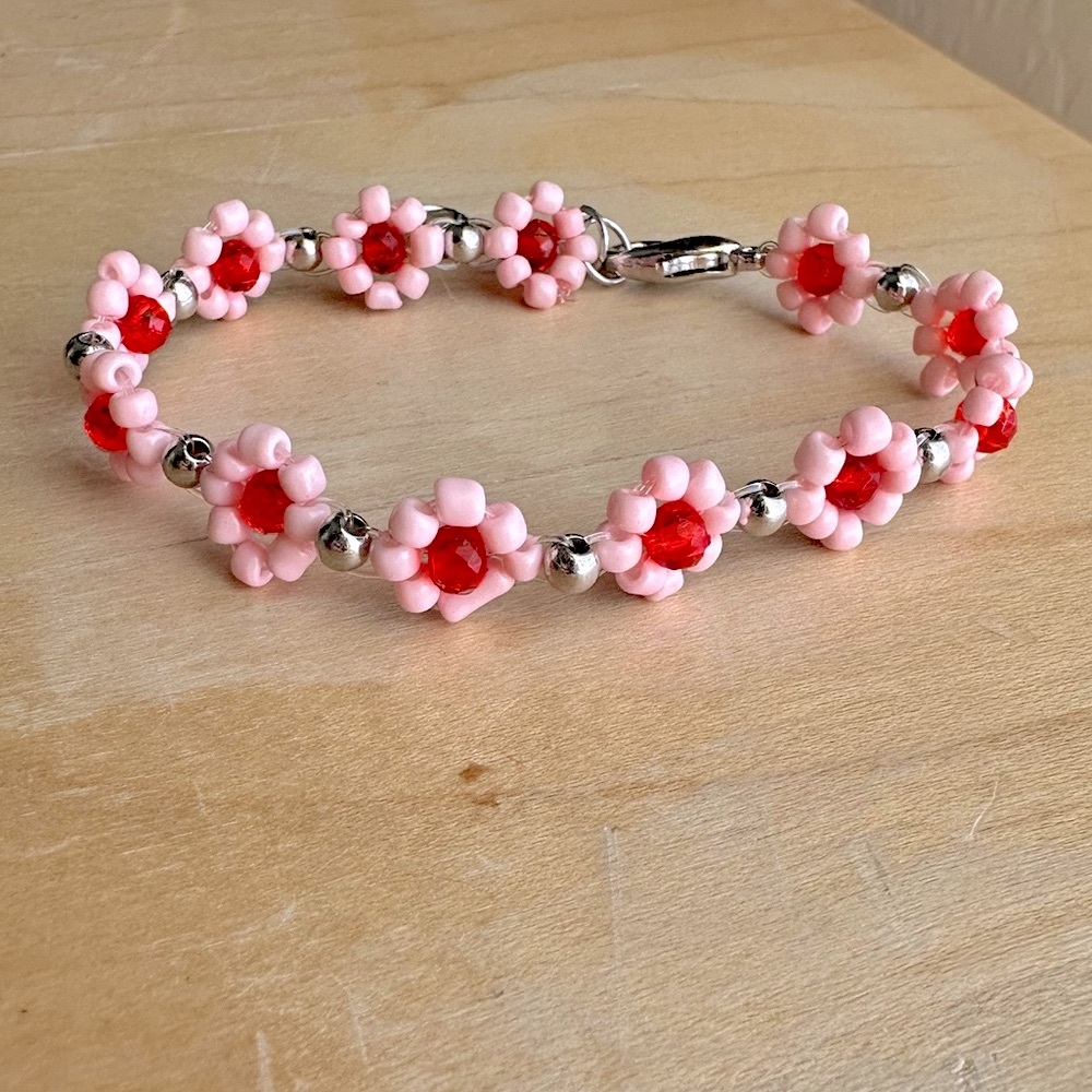 Pink and Red Floral Beaded Bracelet
